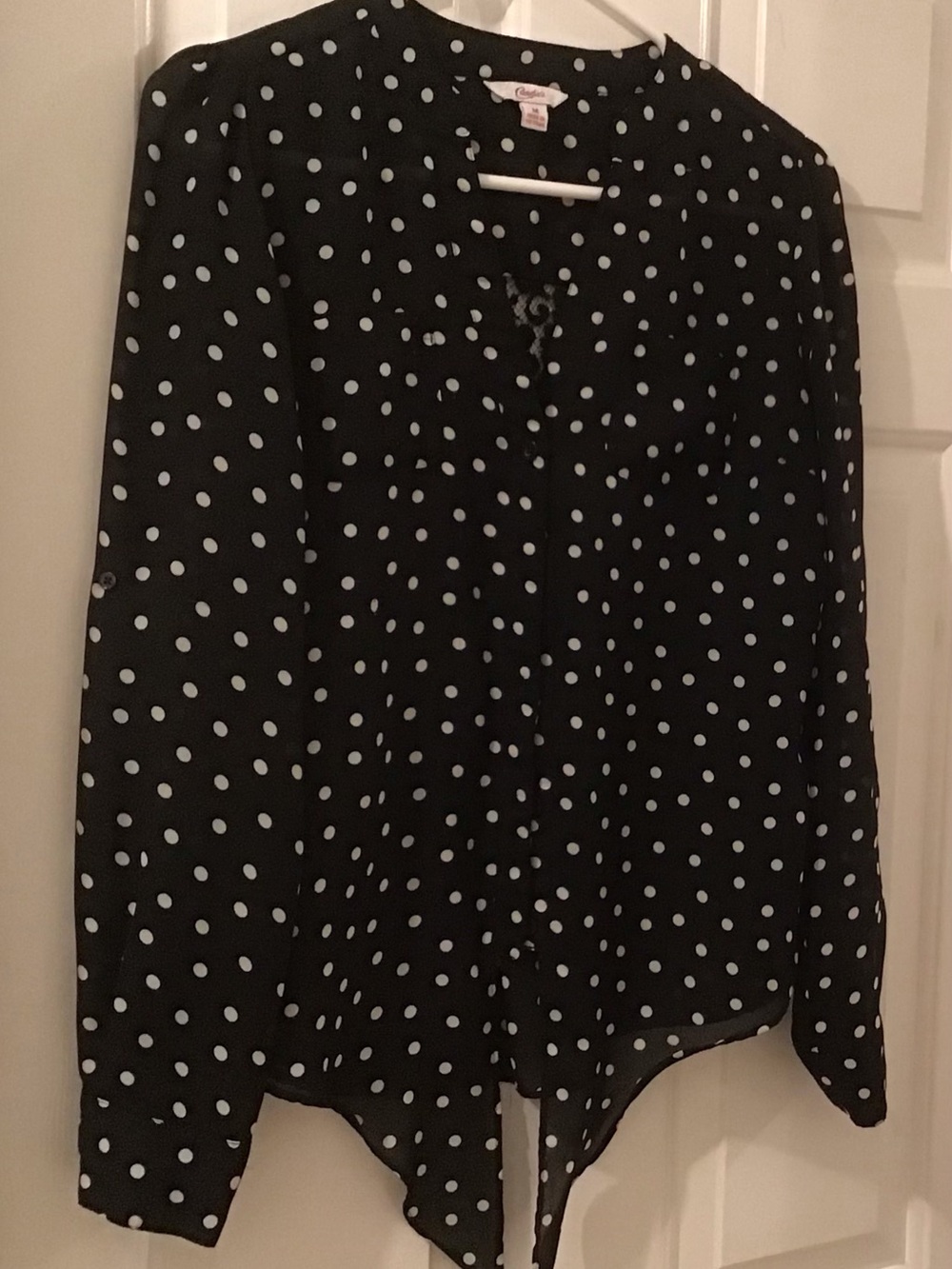 Vintage Candie’s Black & White Polka Dot Blouse w/ Tie Front and Lace Back Panel